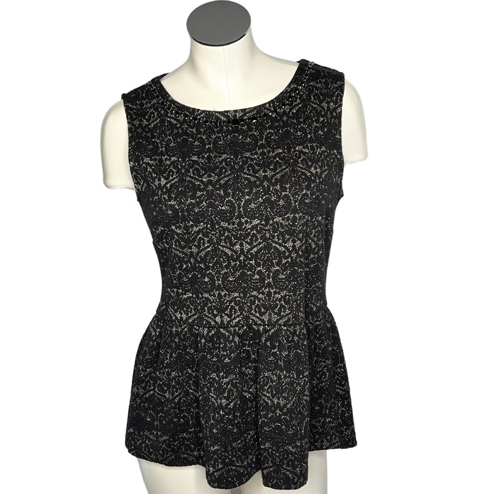 TALBOTS Black Silver Metallic Sleeveless Jeweled Neckline Peplum Top Size SP